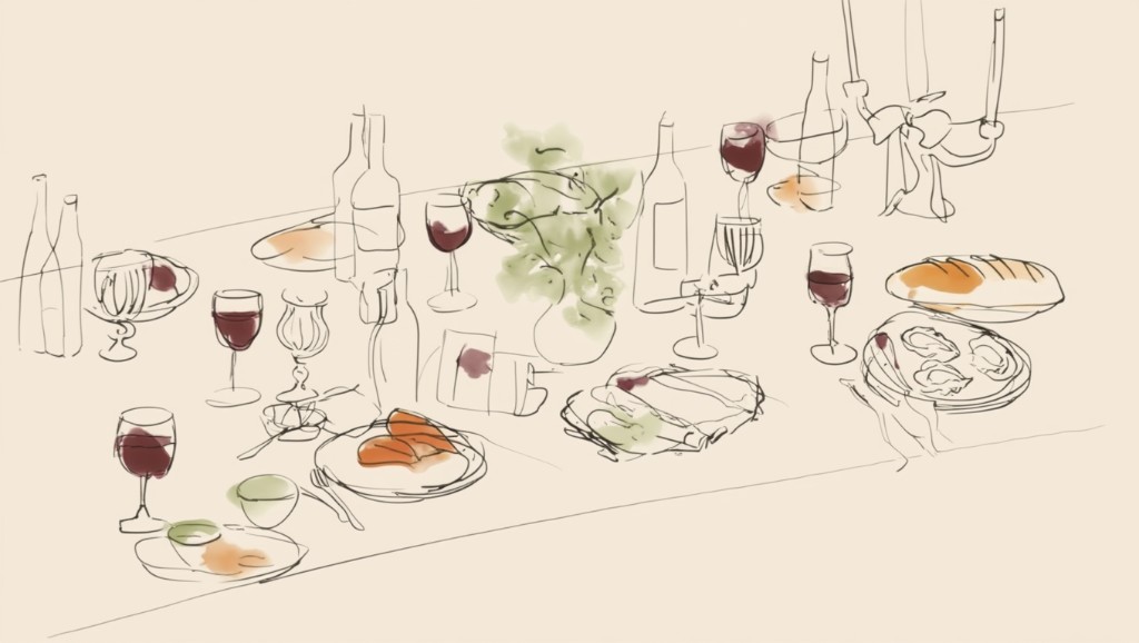 Hand-drawn dinner table feast illustration